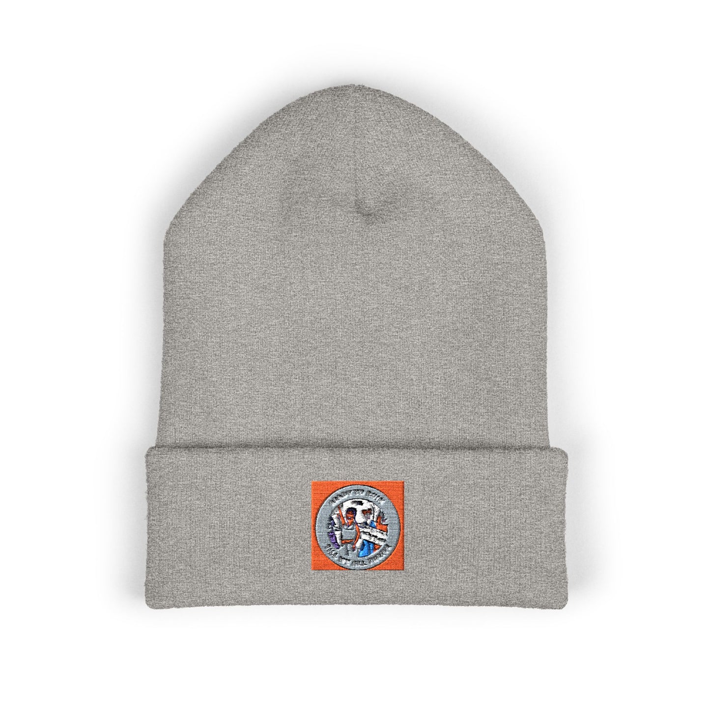 Embroidered Vintage Patch Cuffed Beanie — Retro Badge Knit Hat