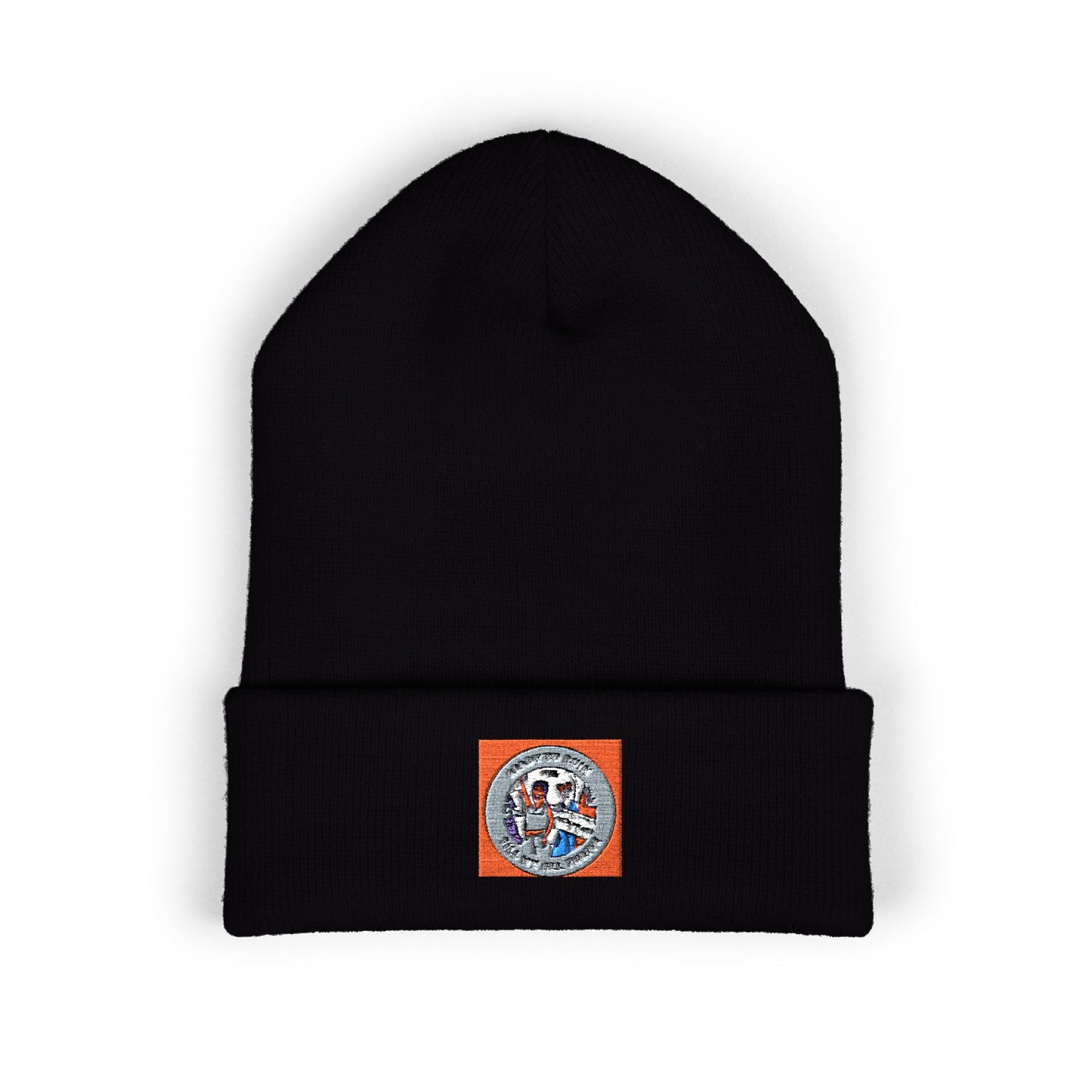 Embroidered Vintage Patch Cuffed Beanie — Retro Badge Knit Hat
