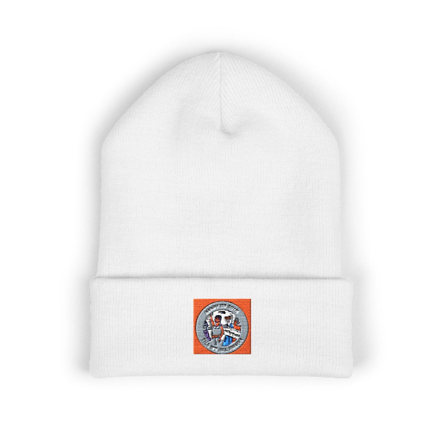 Embroidered Vintage Patch Cuffed Beanie — Retro Badge Knit Hat