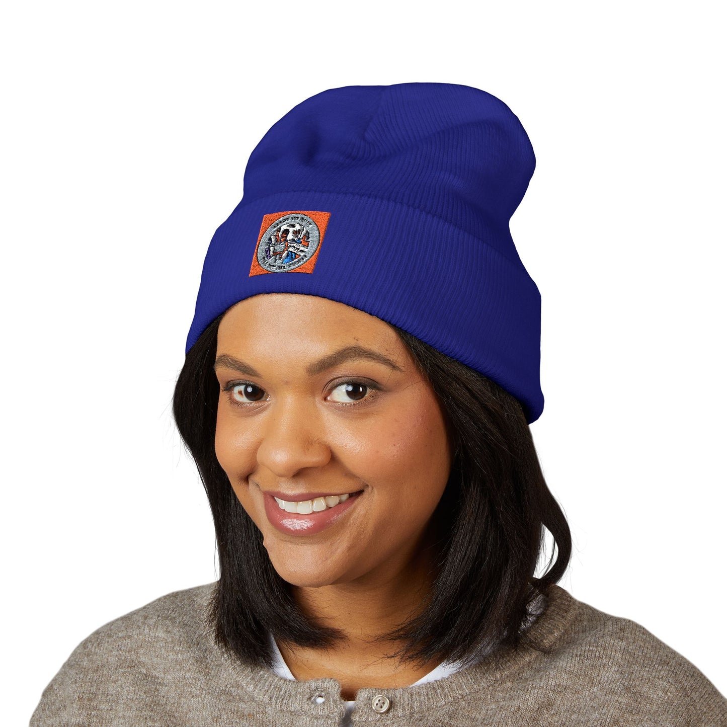 Embroidered Vintage Patch Cuffed Beanie — Retro Badge Knit Hat