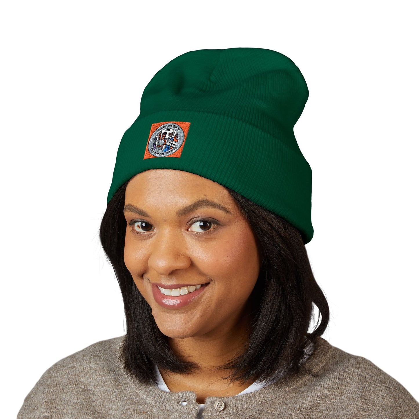Embroidered Vintage Patch Cuffed Beanie — Retro Badge Knit Hat