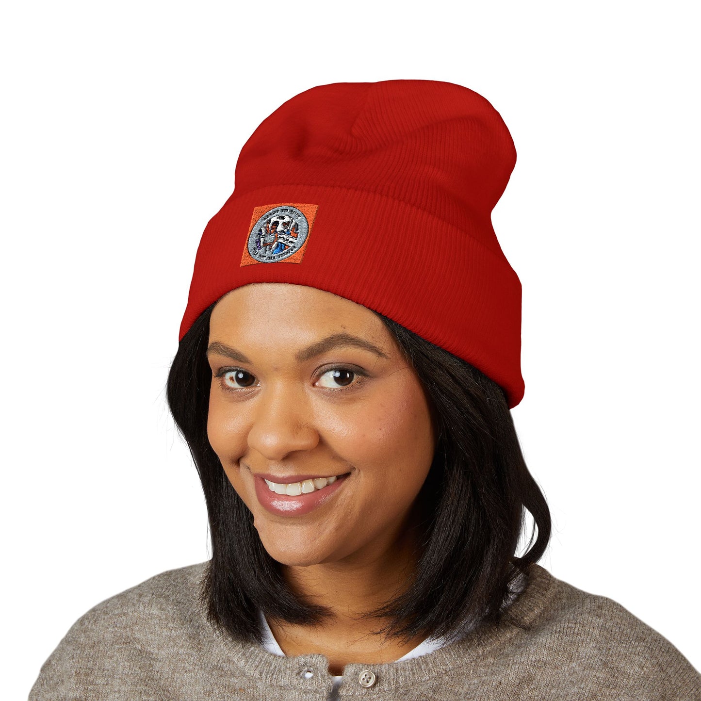 Embroidered Vintage Patch Cuffed Beanie — Retro Badge Knit Hat
